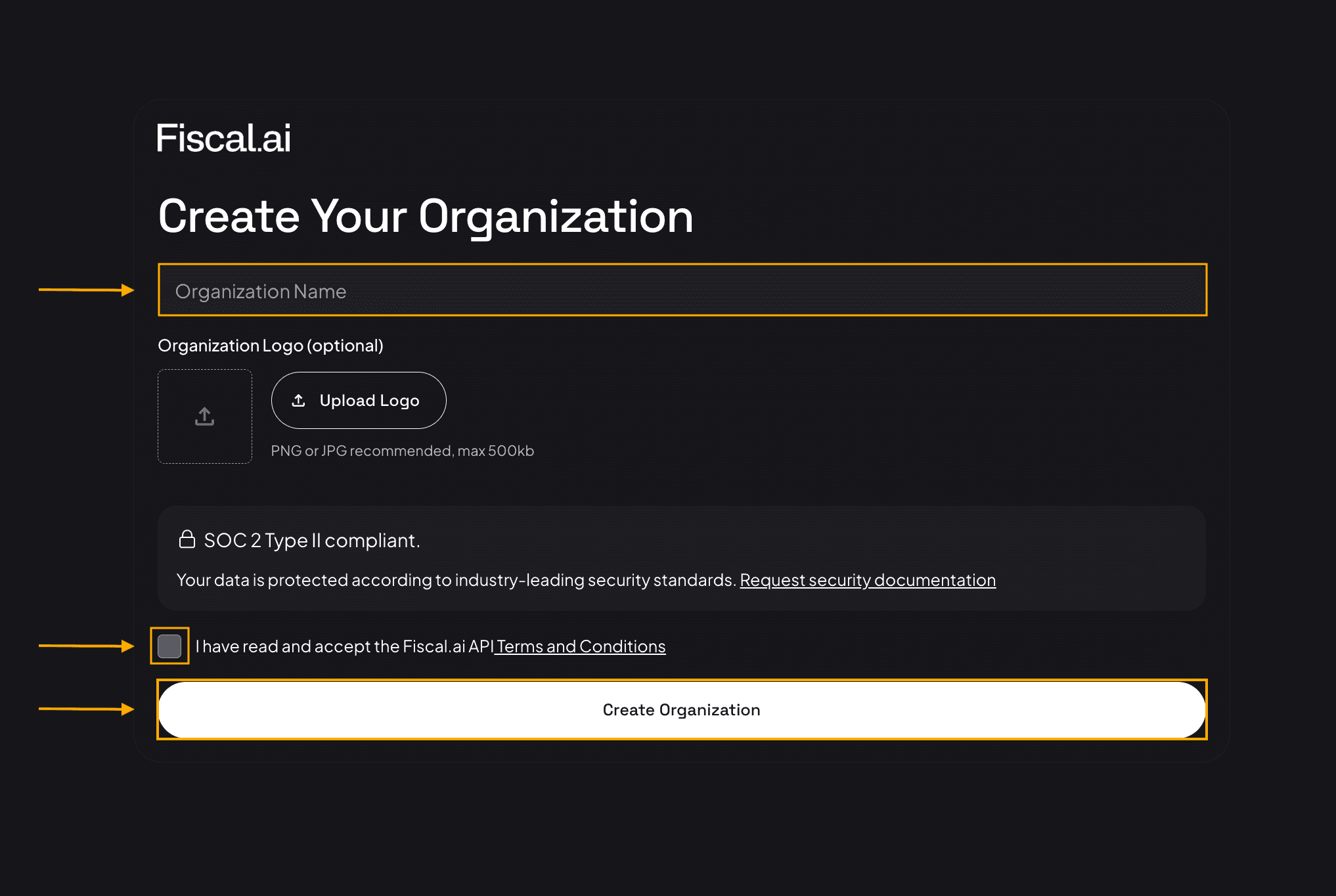 Create organization form in Fiscal.ai onboarding