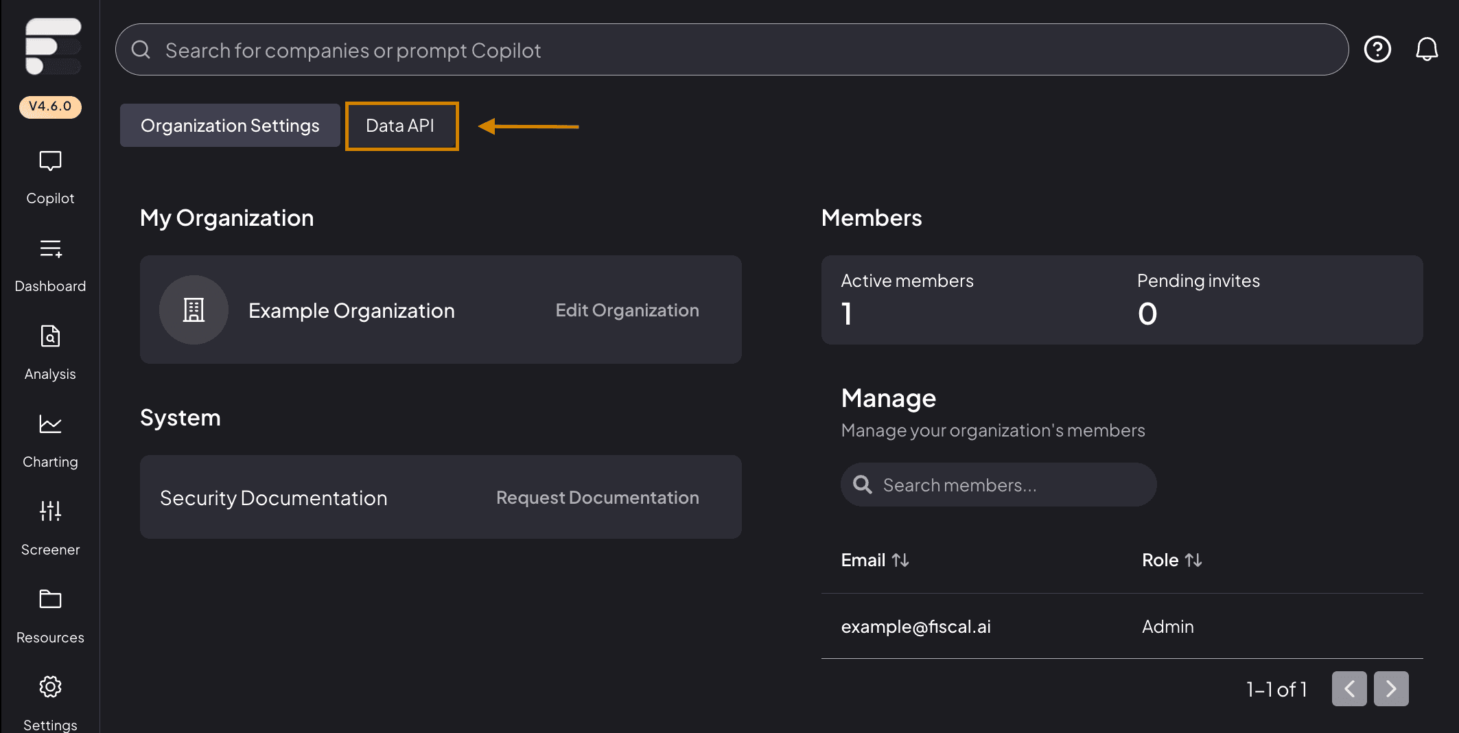 Dashboard with Data API section highlighted