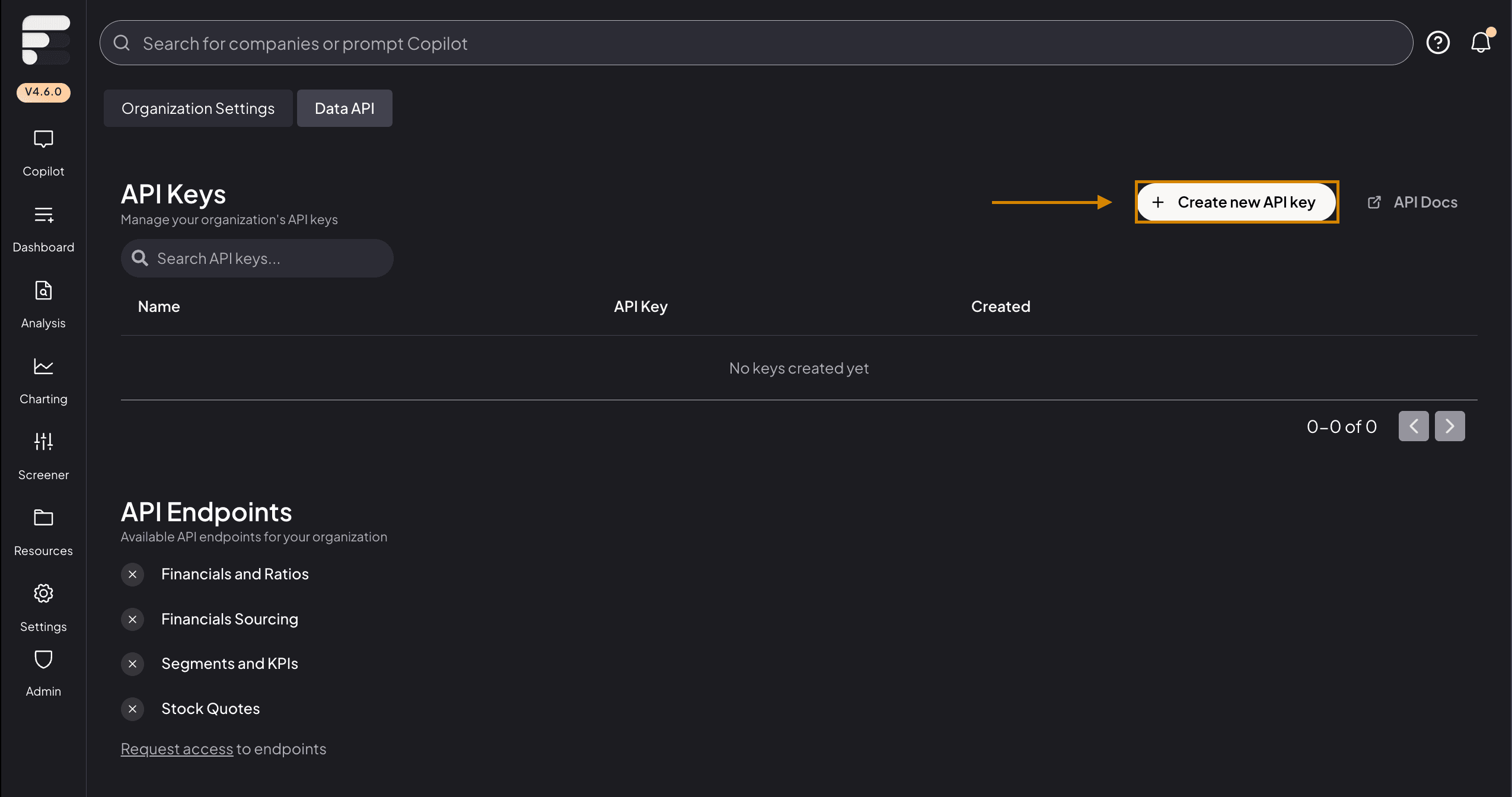 Create API key in Fiscal.ai dashboard